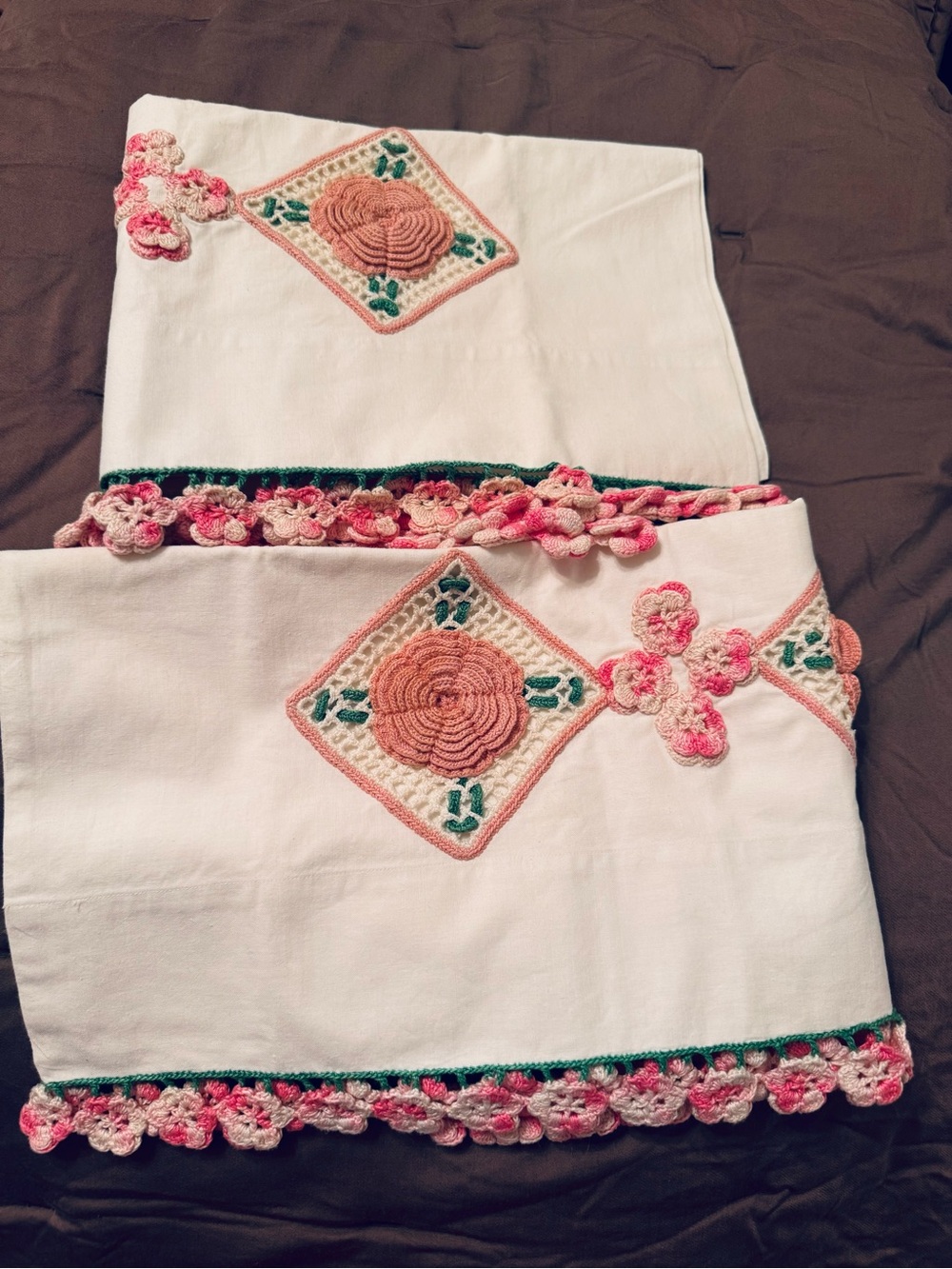Set off 2 Vintage Pillow Cases Pink Crochet Embroidery
